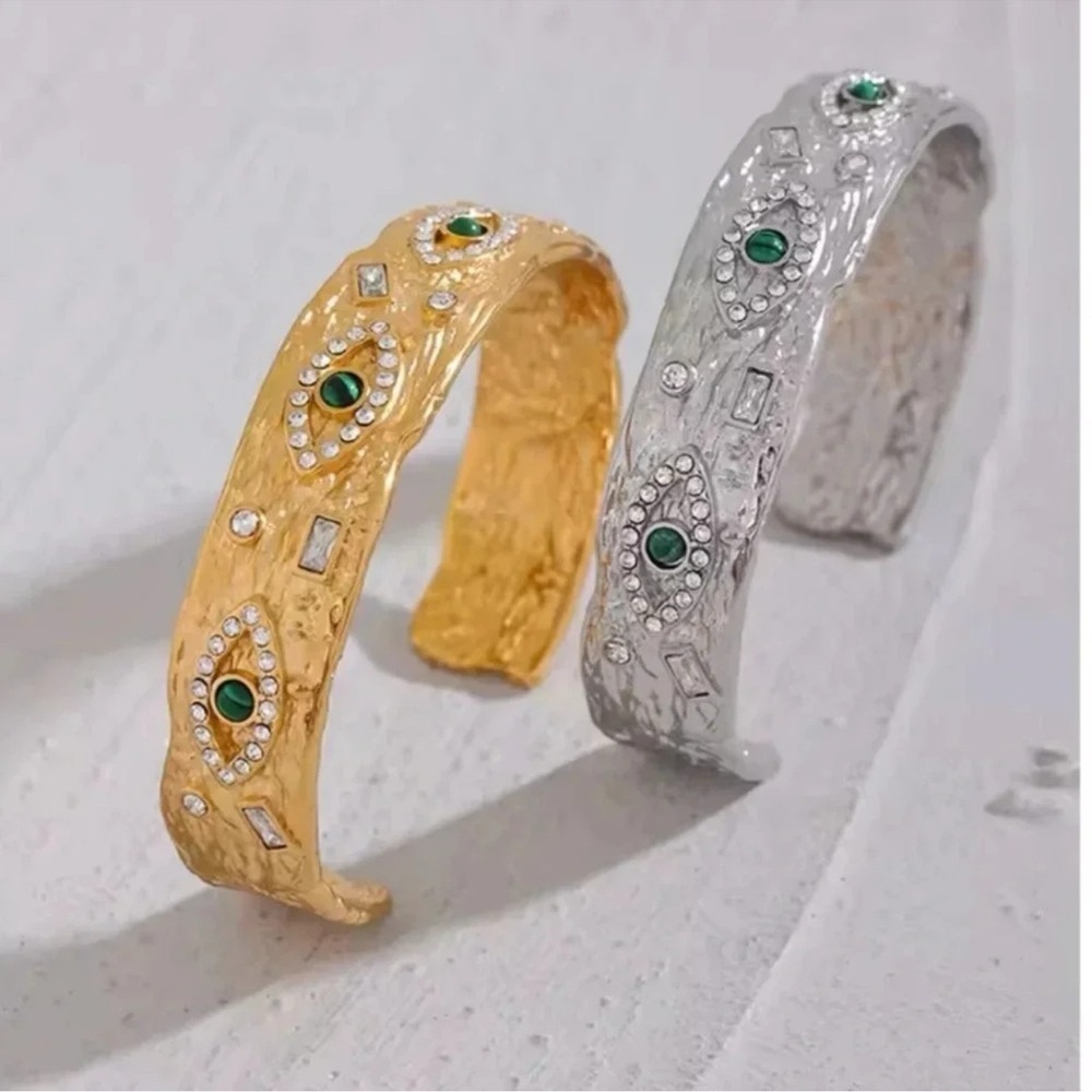 Baroque Malachite Silver Stainless Steel WaterproofEye Cuff Bracelet - Picture 8 of 11